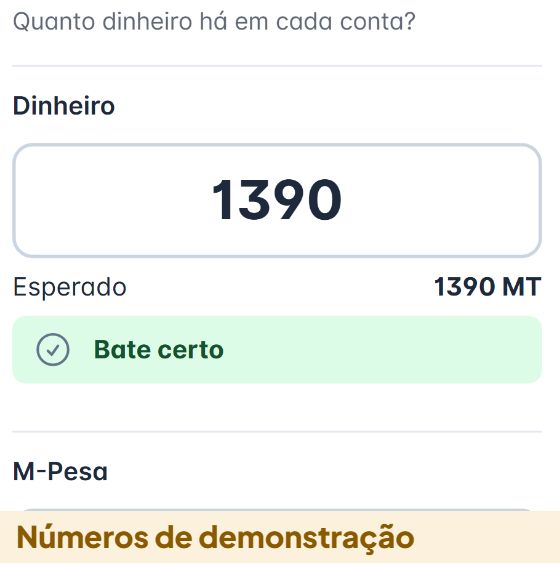 Ecrã da Fintra, fecho de caixa: quanto dinheiro há em cada conta. Dinheiro contado em 1390 contra 1390 MT esperados, bate certo, e a conta M-Pesa logo a seguir. Números de demonstração.