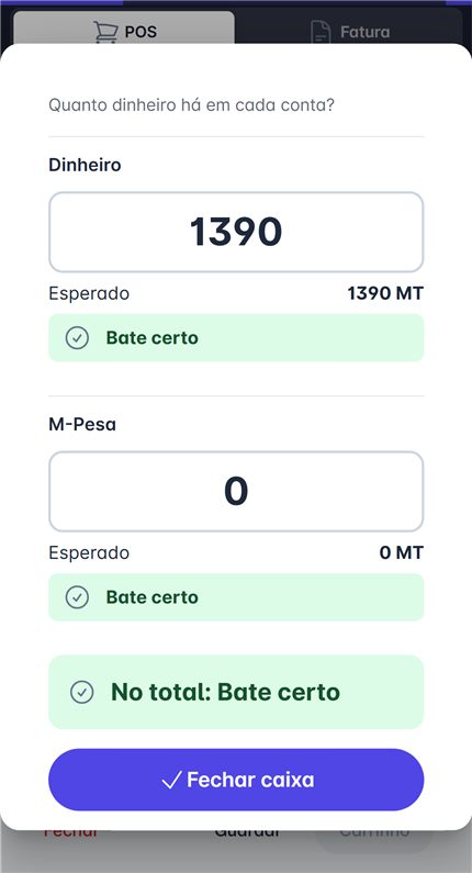 Ecrã de fecho de caixa da Fintra, a comparar o dinheiro contado com o esperado