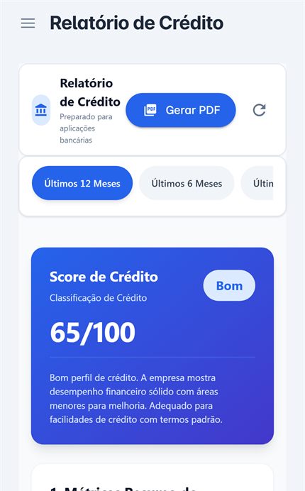 Ecrã da Fintra com o Relatório de Crédito, preparado para aplicações bancárias, e um score de crédito de 65 em 100 classificado como Bom