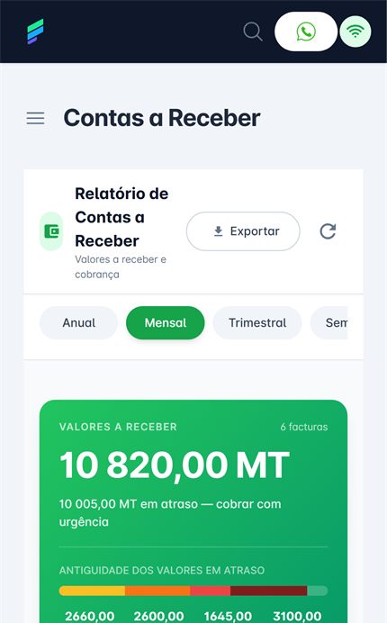 Ecrã da Fintra com as contas a receber separadas por antiguidade da dívida