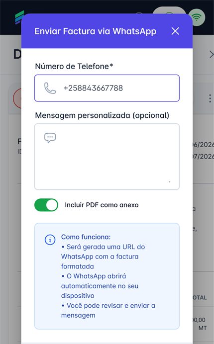 Ecrã da Fintra a enviar uma factura por WhatsApp