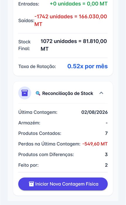 Ecrã da Fintra com o movimento de stock do mês e a reconciliação da última contagem física